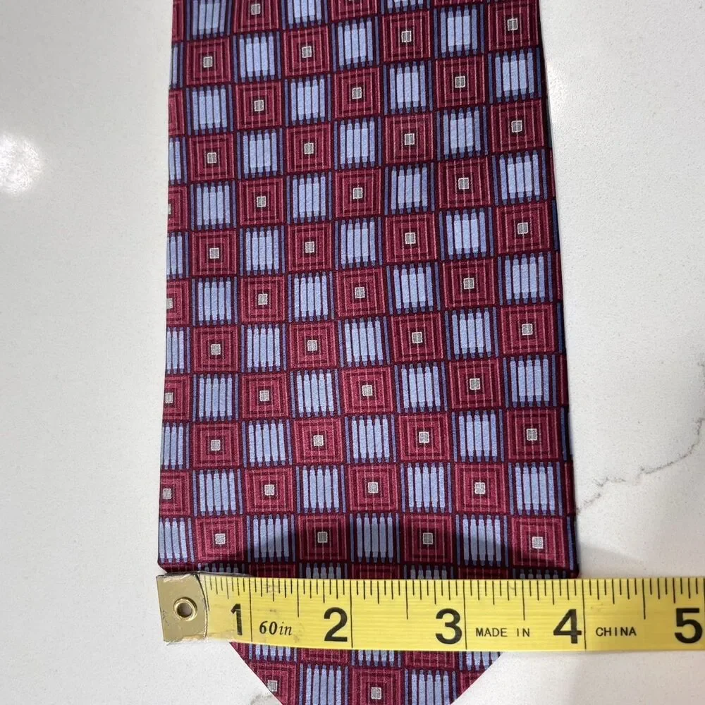 CRAZY HORSE Men's Burgundy Blue Geometric Oxford Tie Necktie 100% Silk Classic